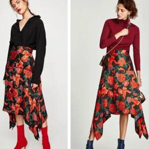 ZARA Floral Satin Midi Skirt  Asymmetric Handkerchief Scarf Flowy Blogger
